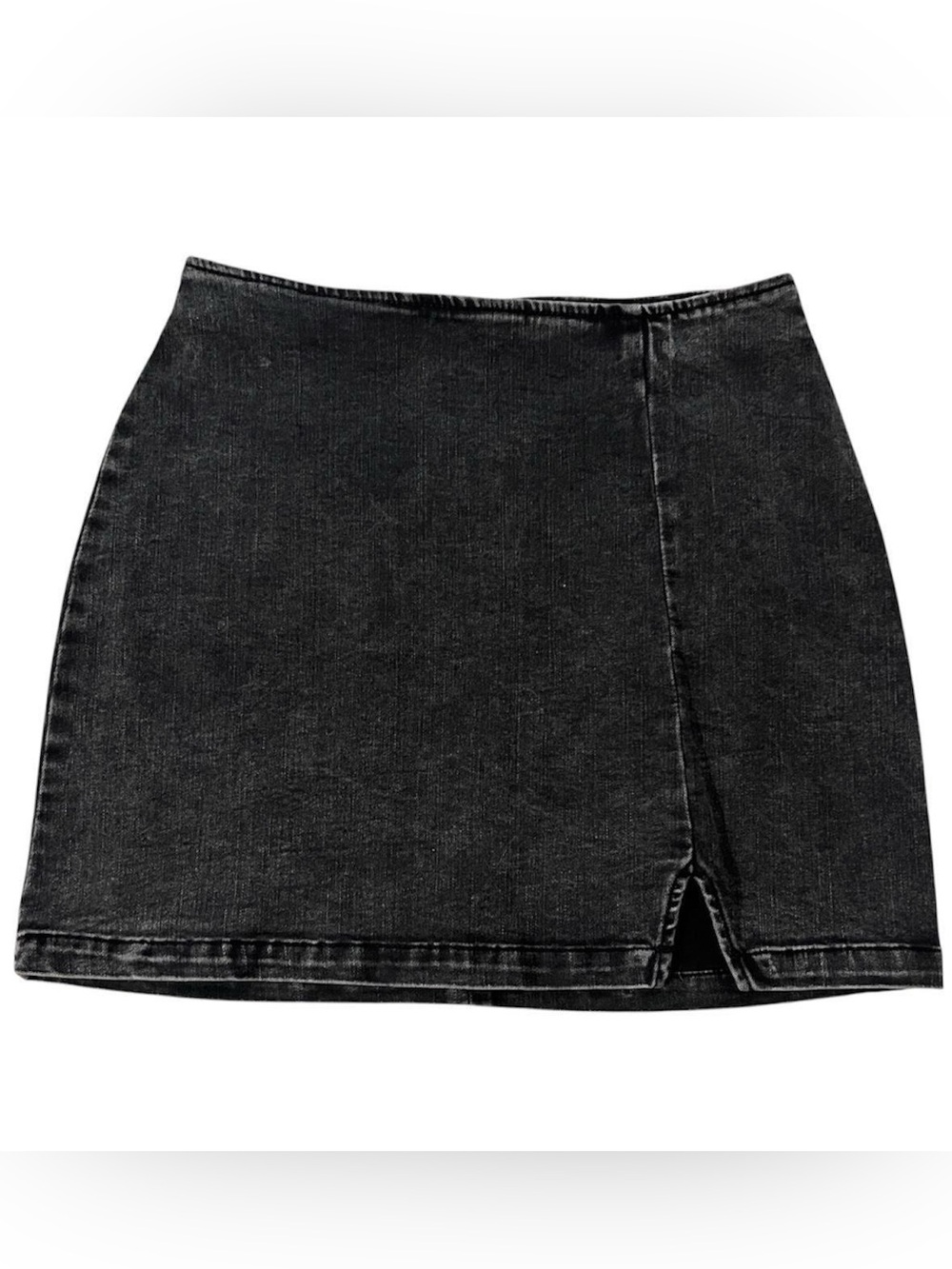 Gray denim mini skirt.